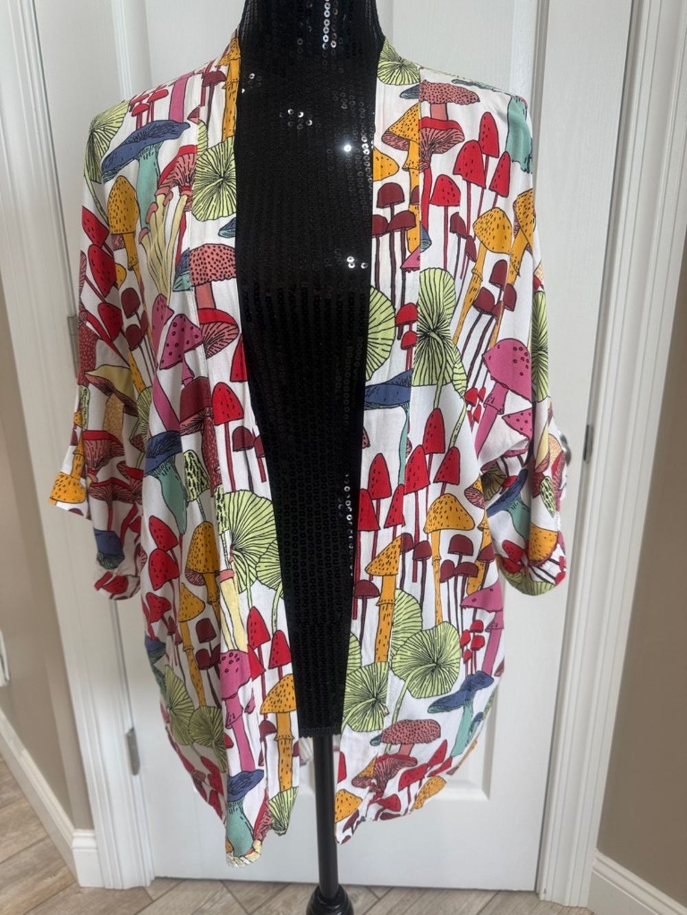 Mushroom Print Open Kimono Cardigan - Multicolor